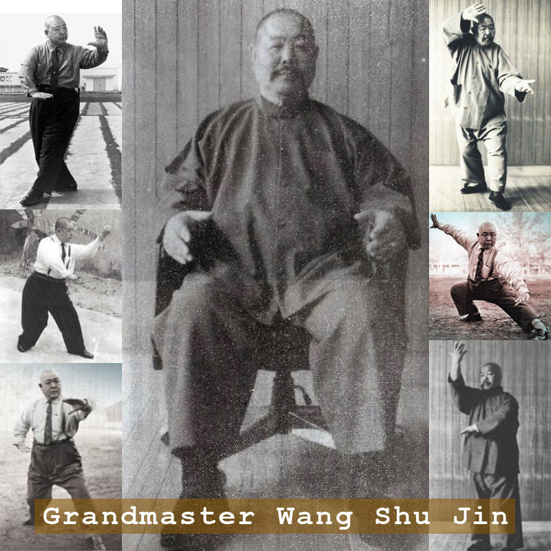 Grandmaster Wang Shujin sitting on a chair.
      A collage style arrangement of images of Wang Shujin performing Bagua postures surrounds the central photo.