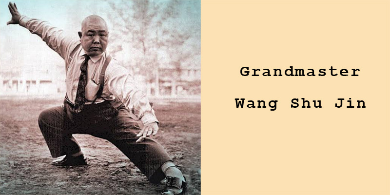 Photograph of Wang Shujin in a dynamic low stance posture. 
    The text in the image reads 'Grandmaster Wnag Shujin'. 